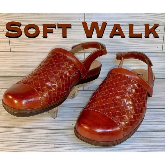 Soft Walk Salina Brown Leather Woven Adjustable Sling Back Flat Sandals S:8WW - Picture 1 of 13